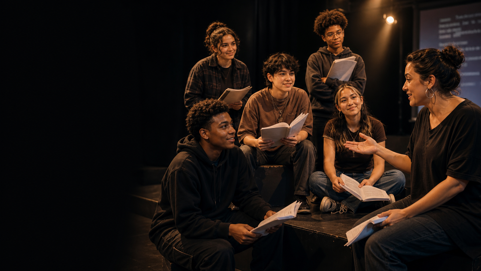 Deaf students in a theatre rehearsal room reading scripts with a teaching artist